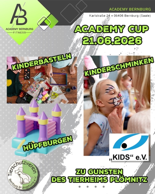 Gemeinsam für den guten Zweck beim 2. Academy Bernburg Cup! 

Am 21.06.2026 ist es wieder so weit: Der 2. Academy Bernburg Cup steht vor der Tür. Auch in diesem Jahr unterstützt KIDS e. V. die  Spendenaktion zugunsten des Tierheims Plömnitz.

Für unsere kleinen Gäste haben wir ein abwechslungsreiches Familienprogramm vorbereitet. Freut euch auf eine Hüpfburg, eine kreative Malstraße für Kinder sowie das beliebte Kinderschminken. So ist neben spannenden Fußballspielen auch für eine große Menge an Spaß und Unterhaltung gesorgt.

Wir freuen uns, gemeinsam ein attraktives Familienangebot präsentieren zu können und gleichzeitig einen Beitrag für den Tierschutz in unserer Region zu leisten. Kommt vorbei, verbringt einen schönen Tag mit der ganzen Familie und unterstützt mit uns die Spendenaktion für das Tierheim Plömnitz.

Wir freuen uns auf euch! 

@kidsevbernburg @tsv_preusslitz @tierheim_ploemnitz 

 #events #FitnessStudio #Gesundheit #fitnessmotivation #bernburgandersaale #gymfit #bernburg #fussballistunserleben #tierheimhund #fußball #tierheim #tierheimhelden #fussballverbindet #fussball #teamwork #tierheimtiere #fussballliebe #freiheitleben #event #team #gym #mitglied #salzlandkreis