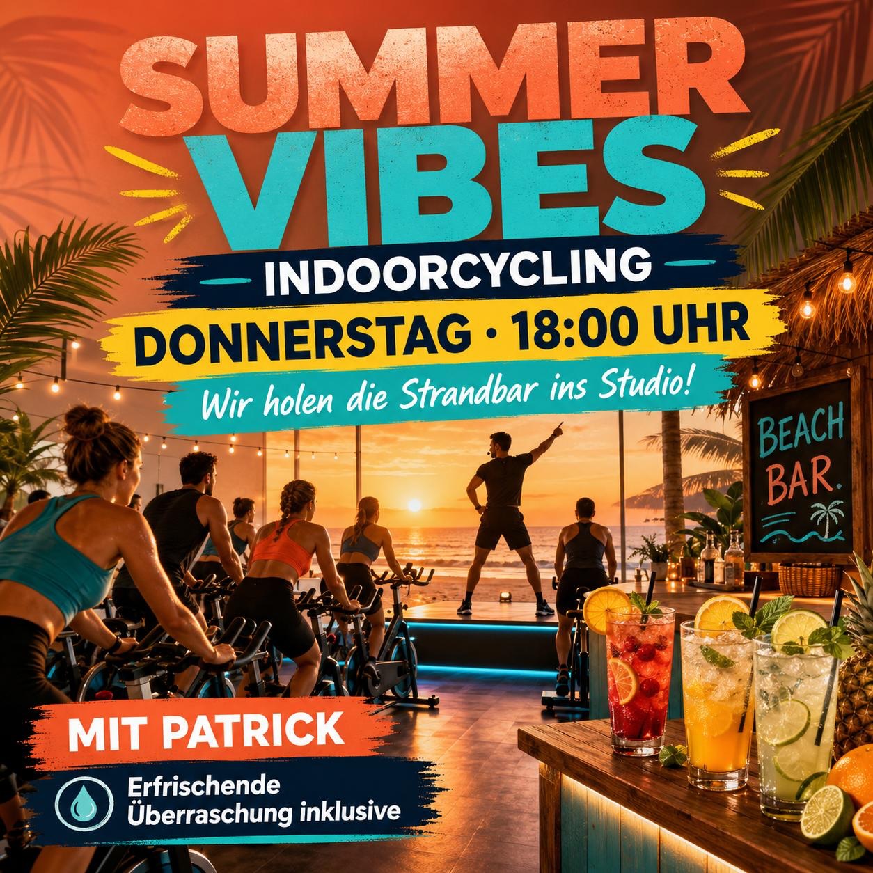 🌴🚴 **SUMMER VIBES beim Indoorcycling!** 🚴🍹
Diesen **Donnerstag um 18:00 Uhr** holen wir die Strandbar ins Studio! Freut euch auf sommerliche Beats, ordentlich Energie und echtes Urlaubsfeeling. ☀️🌊
Euer Trainer **Patrick** bringt außerdem eine **erfrischende Überraschung** mit. 🧊🍋
Wer ist dabei? 🙌
#academy #Kurs #indoorcycling #Schwitzen #Spass
